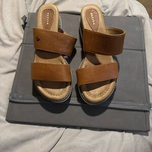 Portland Leather Goods Patina Brown Leather Slides Size 8